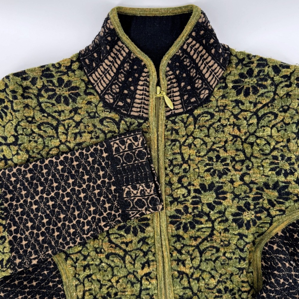 Icelandic Design Full Zip Sweater Womens Medium Green Black Floral Wool Blend